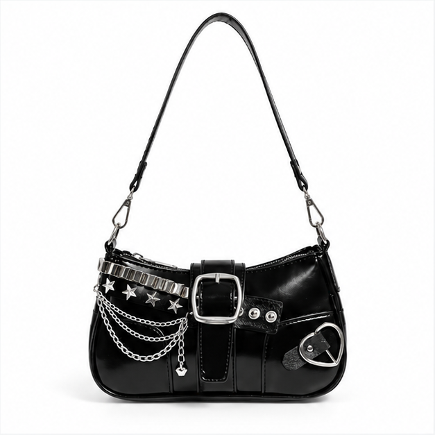 Gothic Chain Buckle Black Shoulder Bag