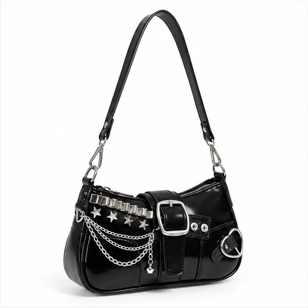 Gothic Chain Buckle Black Shoulder Bag
