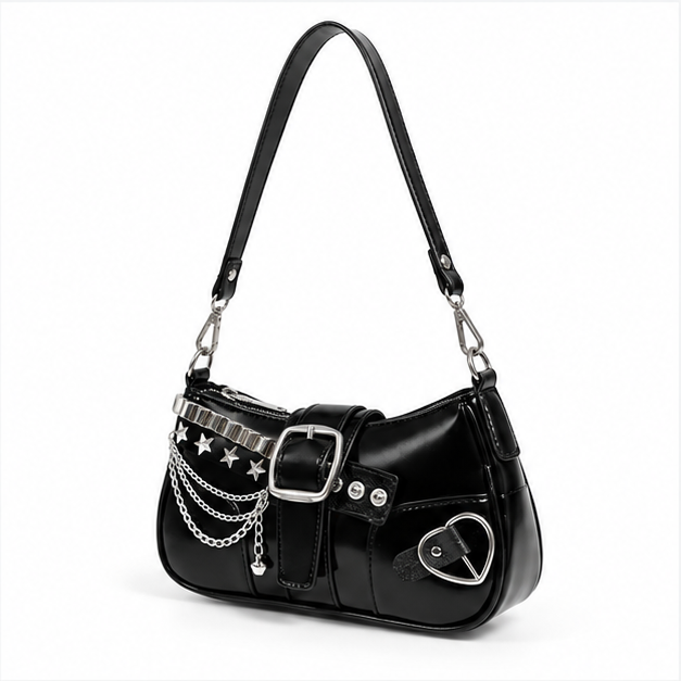 Gothic Chain Buckle Black Shoulder Bag