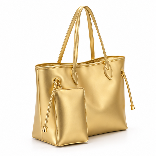 Metallic Gold Tote Bag With Pouch