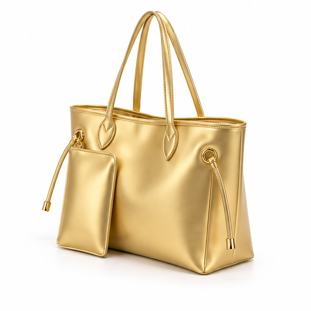 Metallic Gold Tote Bag With Pouch