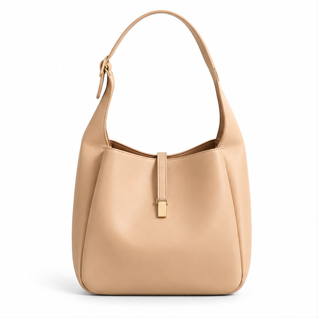 Elegant Beige Leather Shoulder Hobo Bag