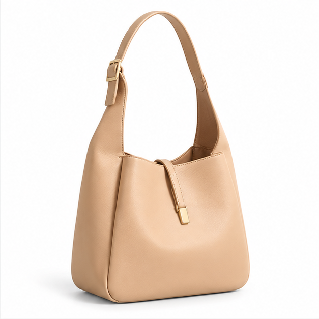 Elegant Beige Leather Shoulder Hobo Bag