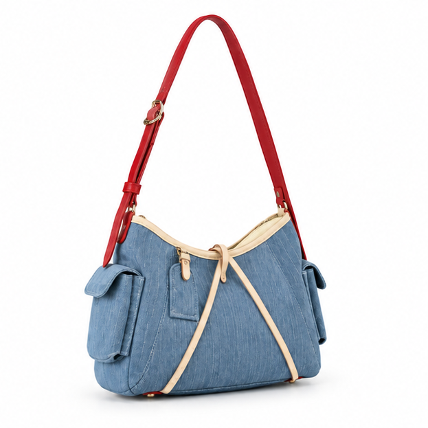 Blue Denim Contrast Strap Shoulder Bag