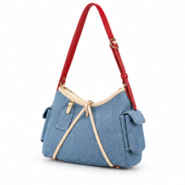 Blue Denim Contrast Strap Shoulder Bag