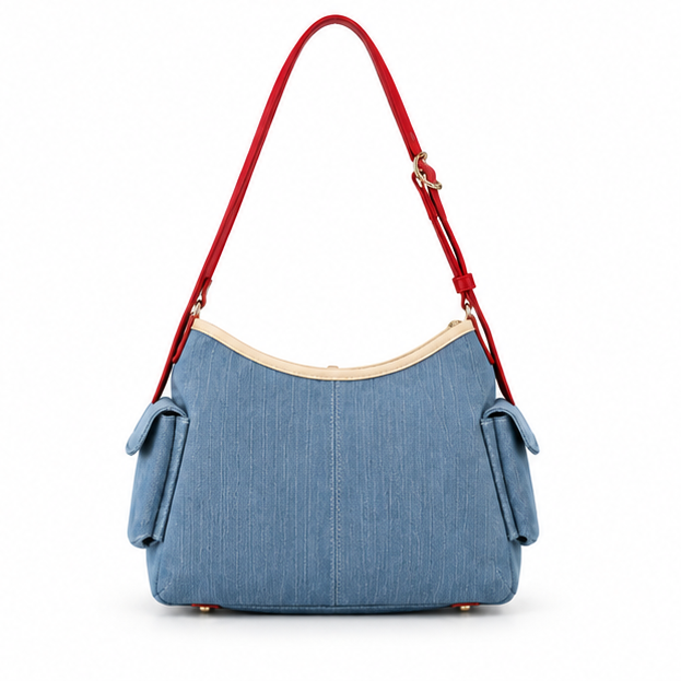 Blue Denim Contrast Strap Shoulder Bag