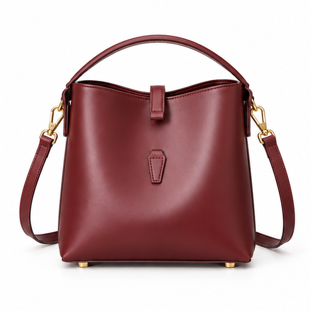 Elegant Burgundy Leather Shoulder Bucket Handbag