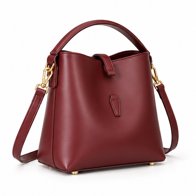 Elegant Burgundy Leather Shoulder Bucket Handbag