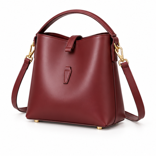 Elegant Burgundy Leather Shoulder Bucket Handbag