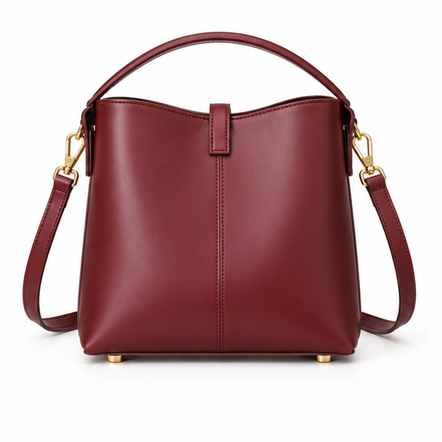 Elegant Burgundy Leather Shoulder Bucket Handbag
