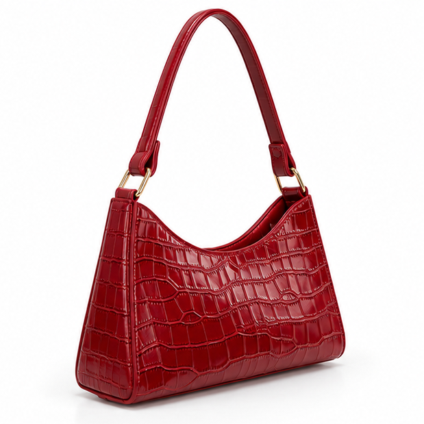 Red Croc Embossed Shoulder Handbag Purse