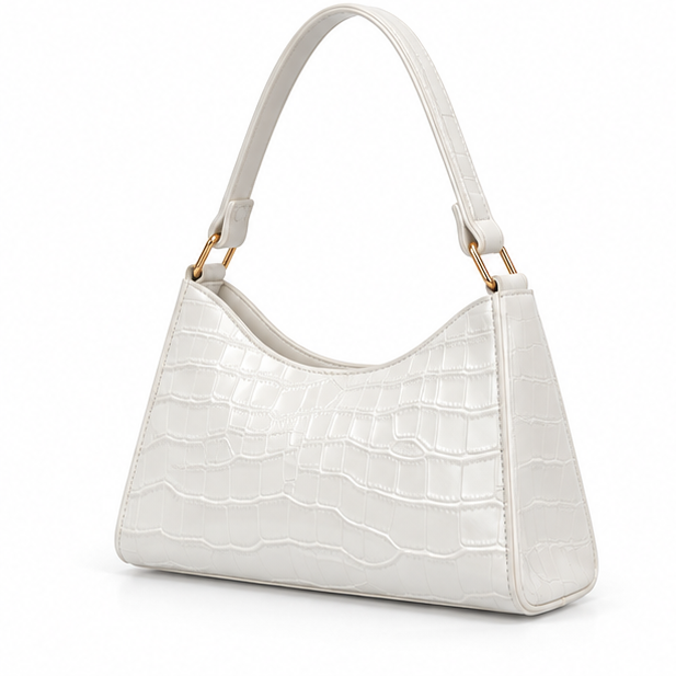 White Croc Embossed Shoulder Handbag Purse