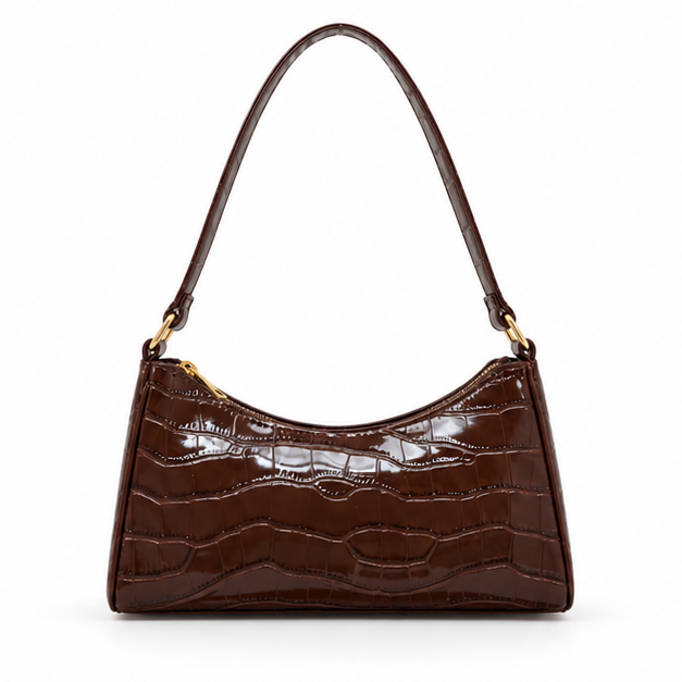 Glossy Croc Embossed Brown Shoulder Bag