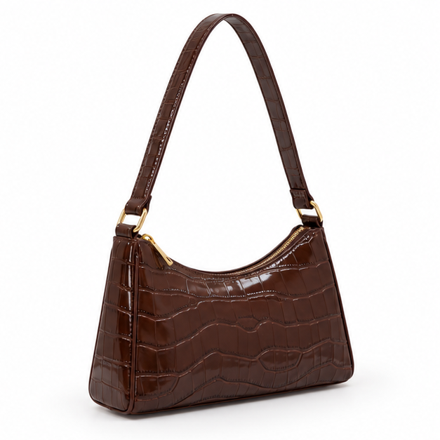 Glossy Croc Embossed Brown Shoulder Bag