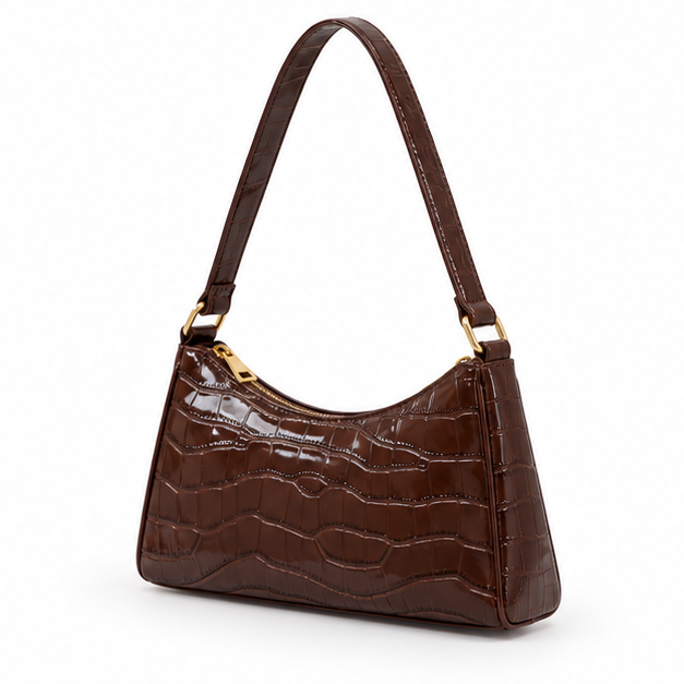 Glossy Croc Embossed Brown Shoulder Bag