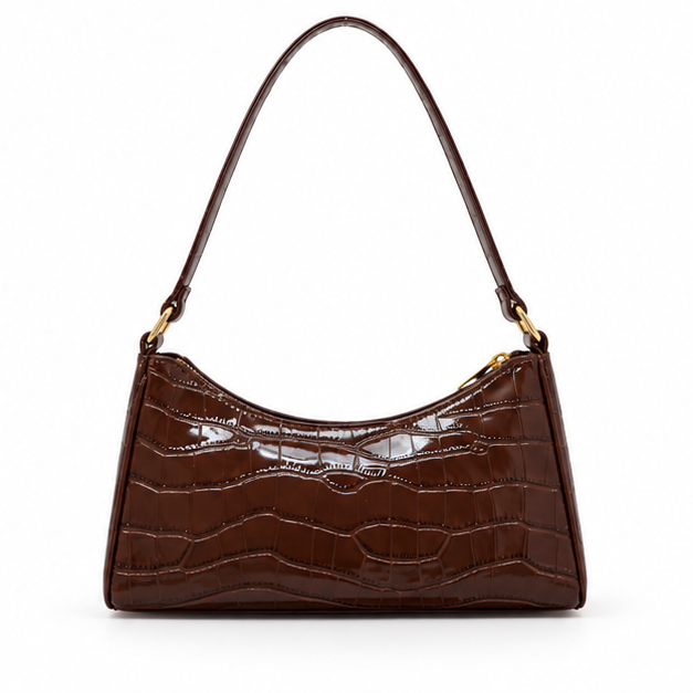 Glossy Croc Embossed Brown Shoulder Bag