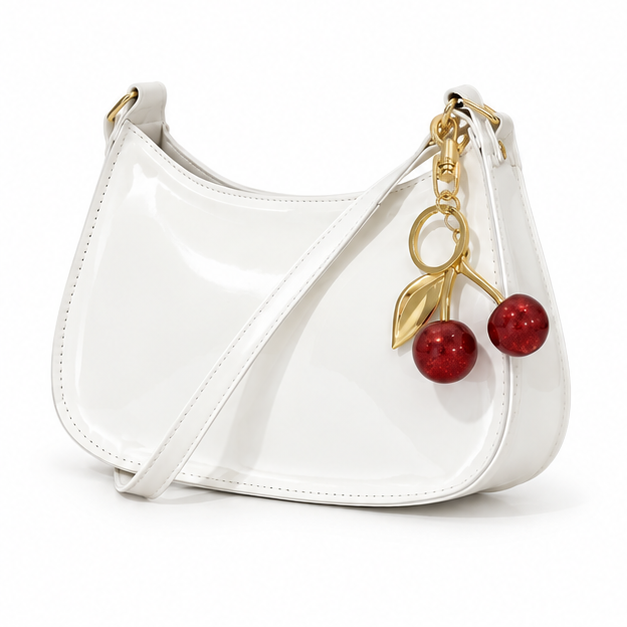 Glossy White Cherry Charm Shoulder Bag