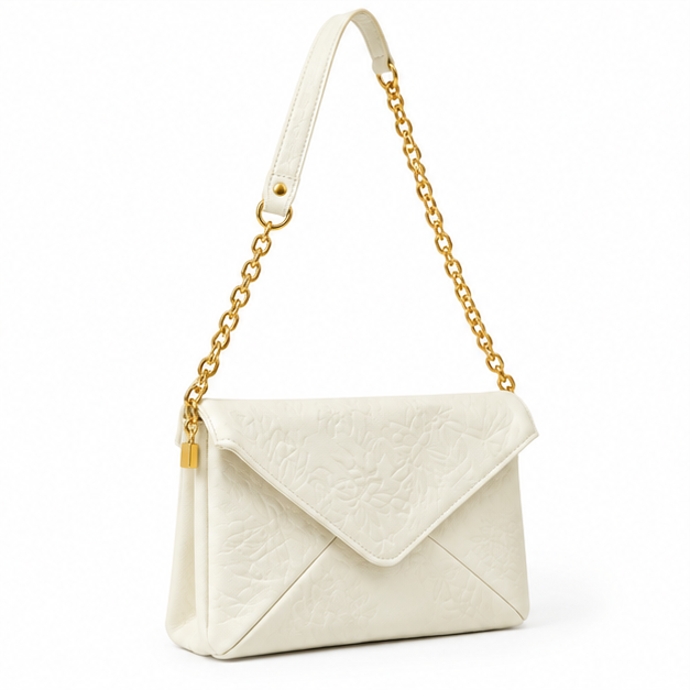 Ivory Embossed Envelope Chain Shoulder Bag