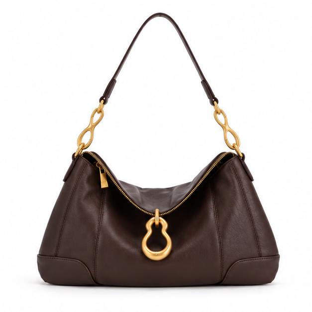 Chocolate Brown Gold Chain Hobo Shoulder Bag