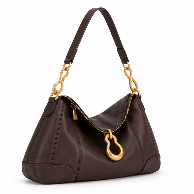Chocolate Brown Gold Chain Hobo Shoulder Bag