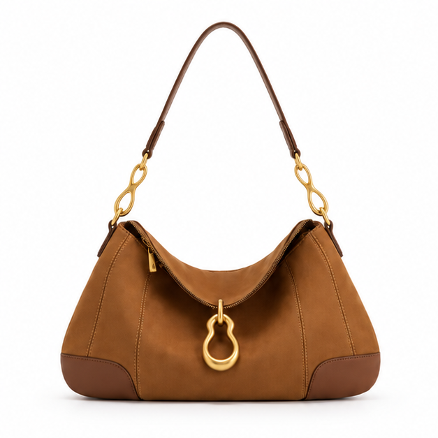 Elegant Brown Gold Accent Shoulder Bag