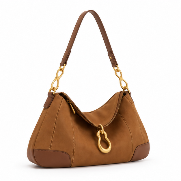 Elegant Brown Gold Accent Shoulder Bag