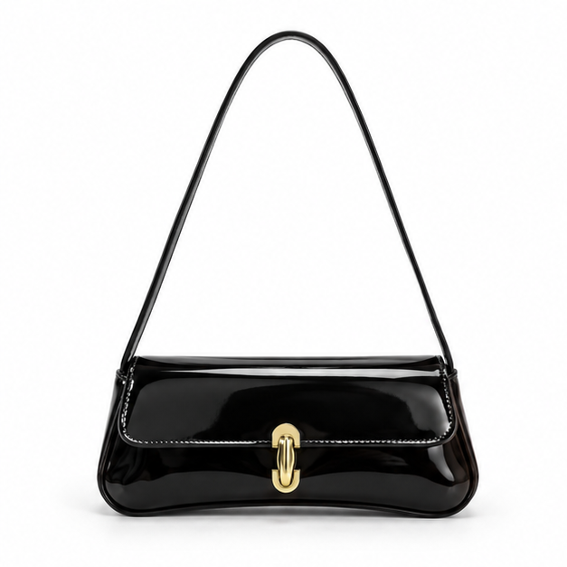 Glossy Black Patent Shoulder Baguette Bag