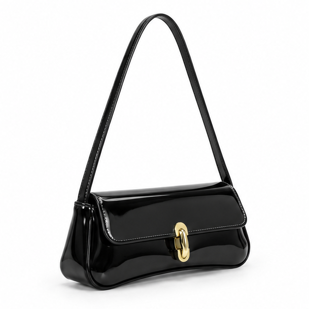 Glossy Black Patent Shoulder Baguette Bag