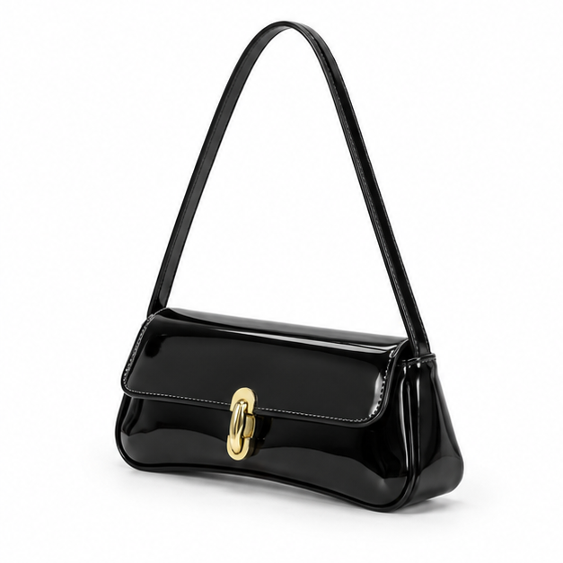 Glossy Black Patent Shoulder Baguette Bag
