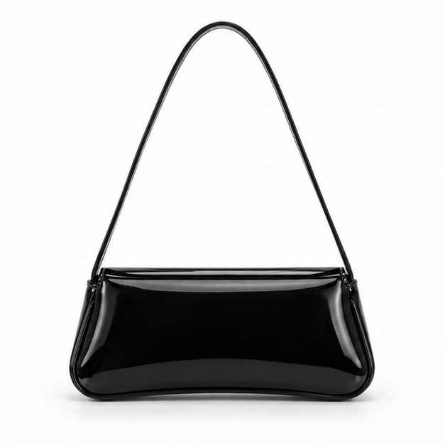 Glossy Black Patent Shoulder Baguette Bag