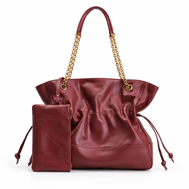 Burgundy Ruched Chain Shoulder Tote Bag