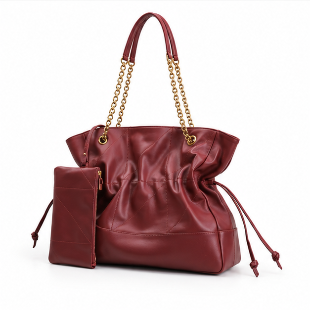 Burgundy Ruched Chain Shoulder Tote Bag