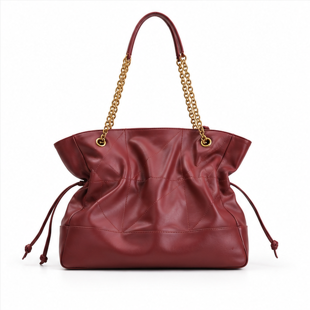 Burgundy Ruched Chain Shoulder Tote Bag