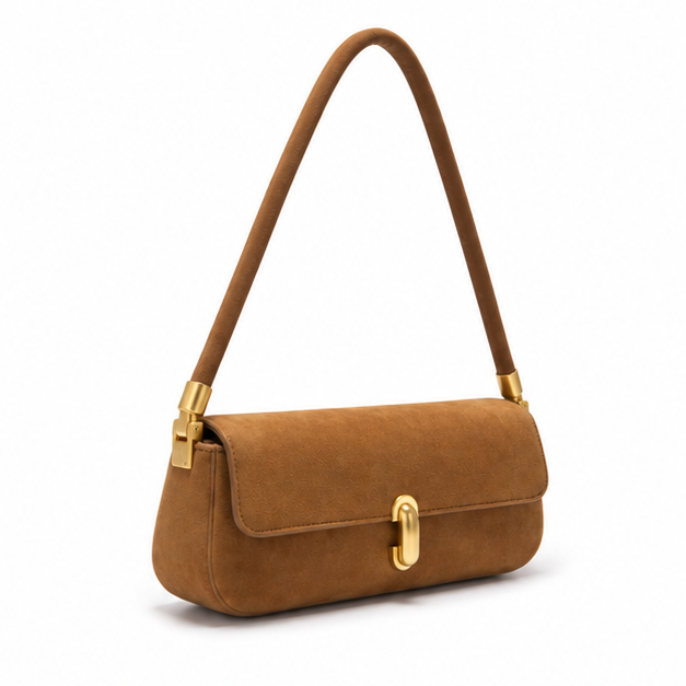 Camel Suede Gold Clasp Shoulder Bag