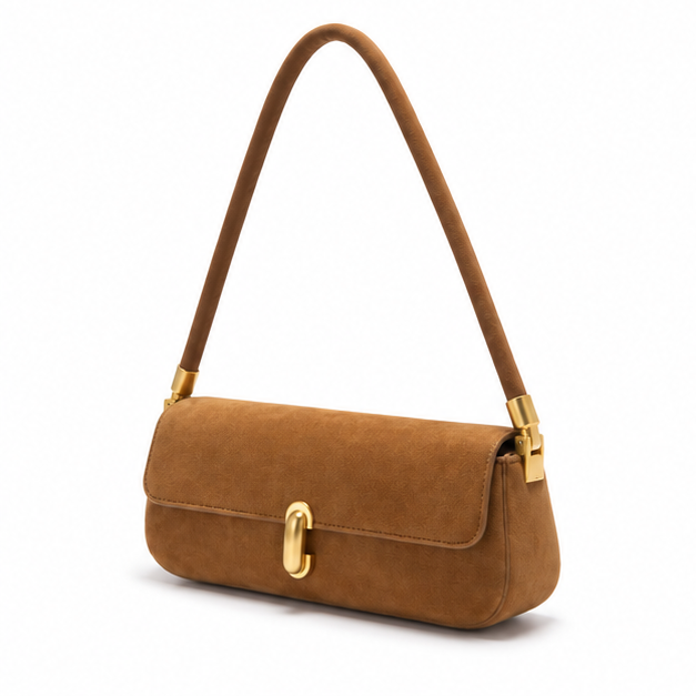 Camel Suede Gold Clasp Shoulder Bag