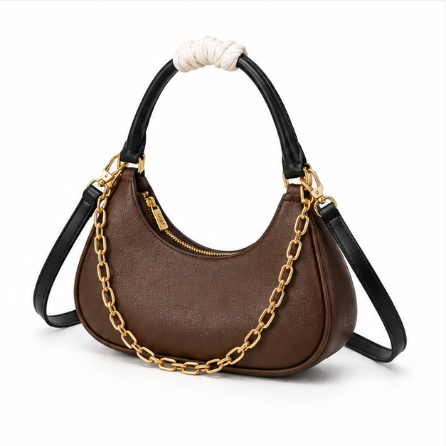 Chocolate Brown Crescent Chain Shoulder Bag