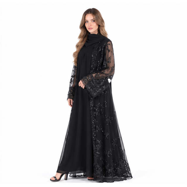 Elegant Black Floral Embroidered Sequin Kaftan