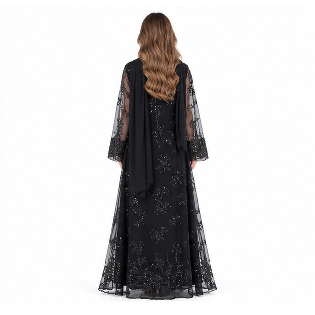 Elegant Black Floral Embroidered Sequin Kaftan