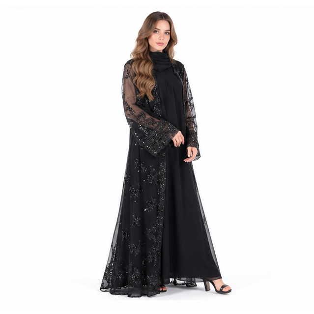 Elegant Black Floral Embroidered Sequin Kaftan