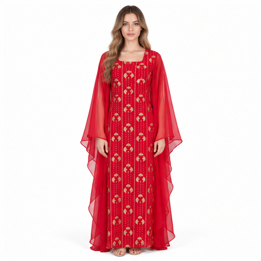 Elegant Red Gold Embroidered Sequin Kaftan