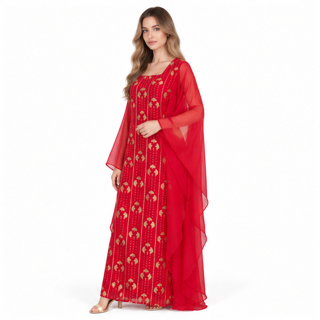 Elegant Red Gold Embroidered Sequin Kaftan