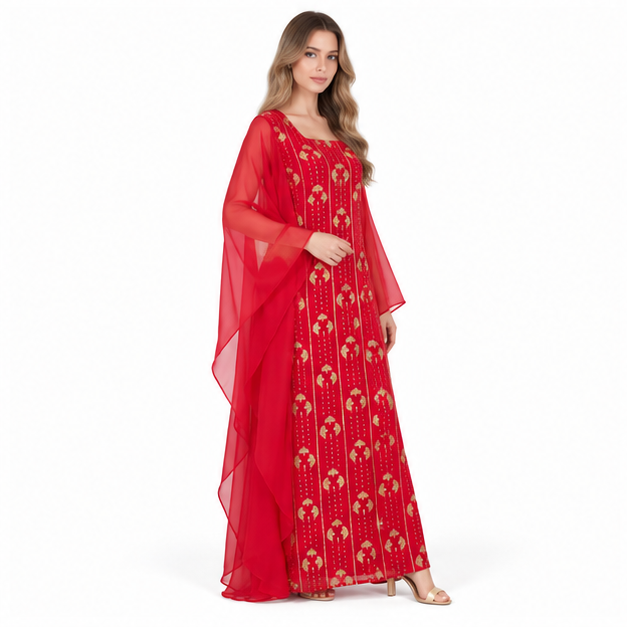 Elegant Red Gold Embroidered Sequin Kaftan