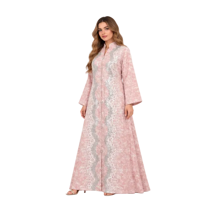 Elegant Pink Floral Sequin Embroidered Kaftan