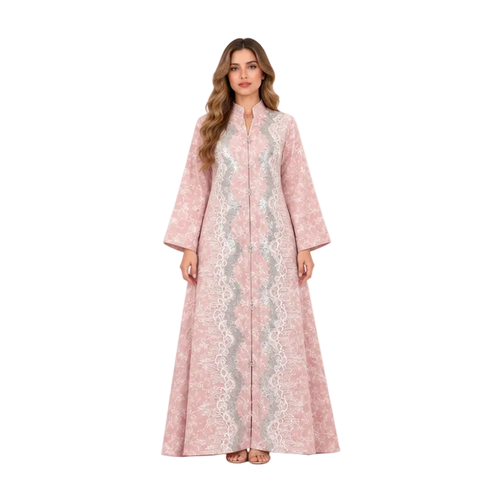 Elegant Pink Floral Sequin Embroidered Kaftan