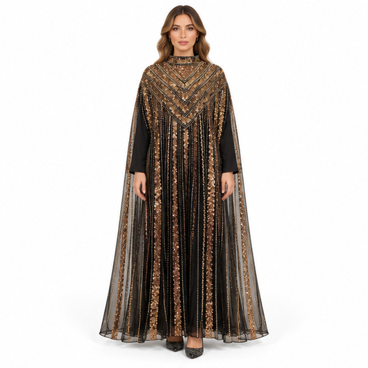 Elegant Black Gold Embroidered Sequin Kaftan