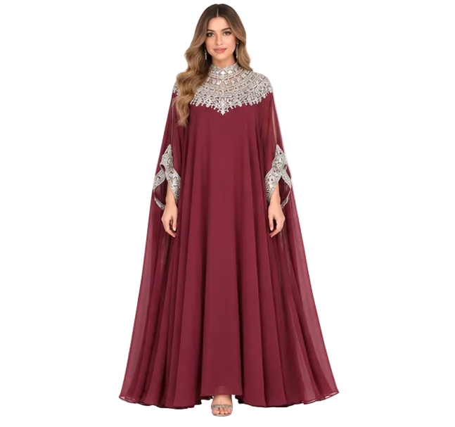 Elegant Burgundy Silver Sequin Embroidered Kaftan