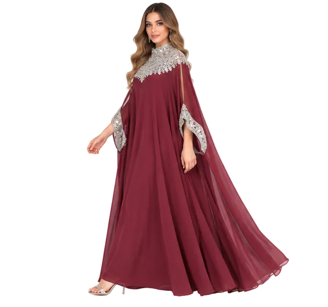 Elegant Burgundy Silver Sequin Embroidered Kaftan