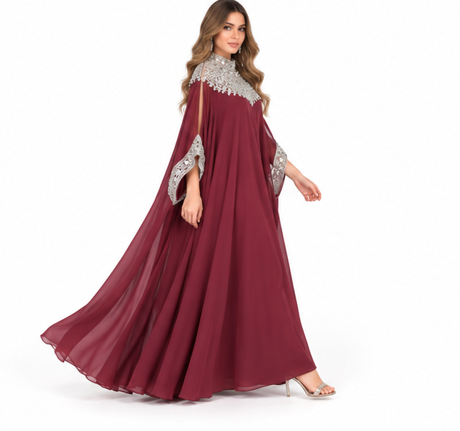 Elegant Burgundy Silver Sequin Embroidered Kaftan