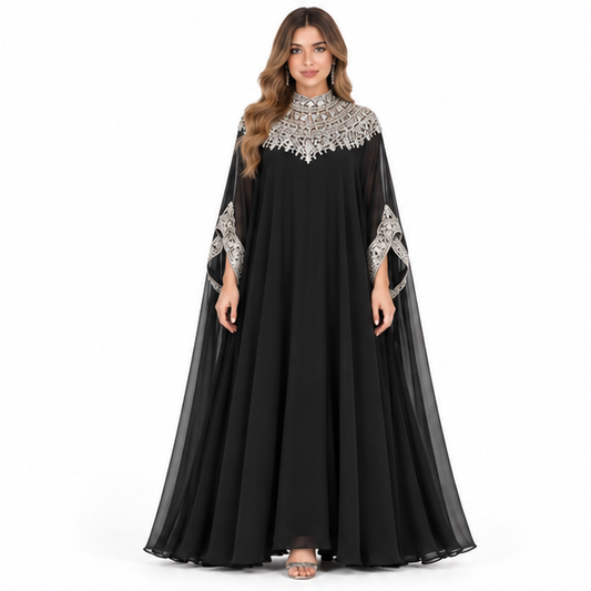 Elegant Black Silver Embroidered Sequin Kaftan