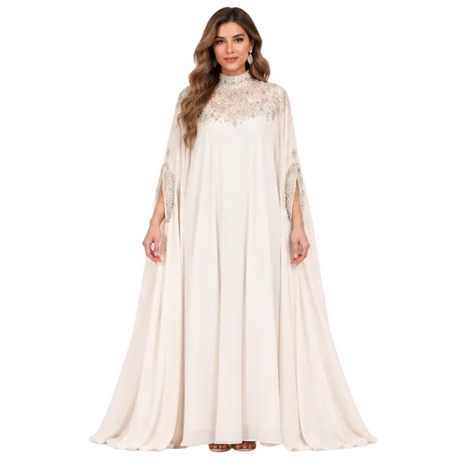 Elegant Ivory Sequin Embroidered Cape Kaftan